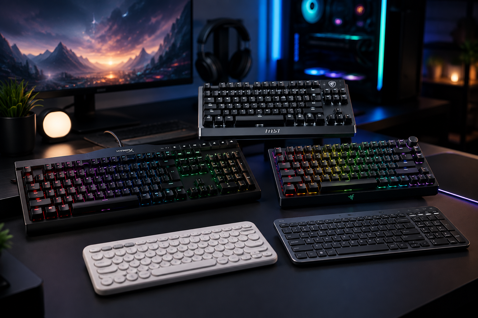 Comparação visual entre teclados silenciosos de membrana, mecânicos e compactos