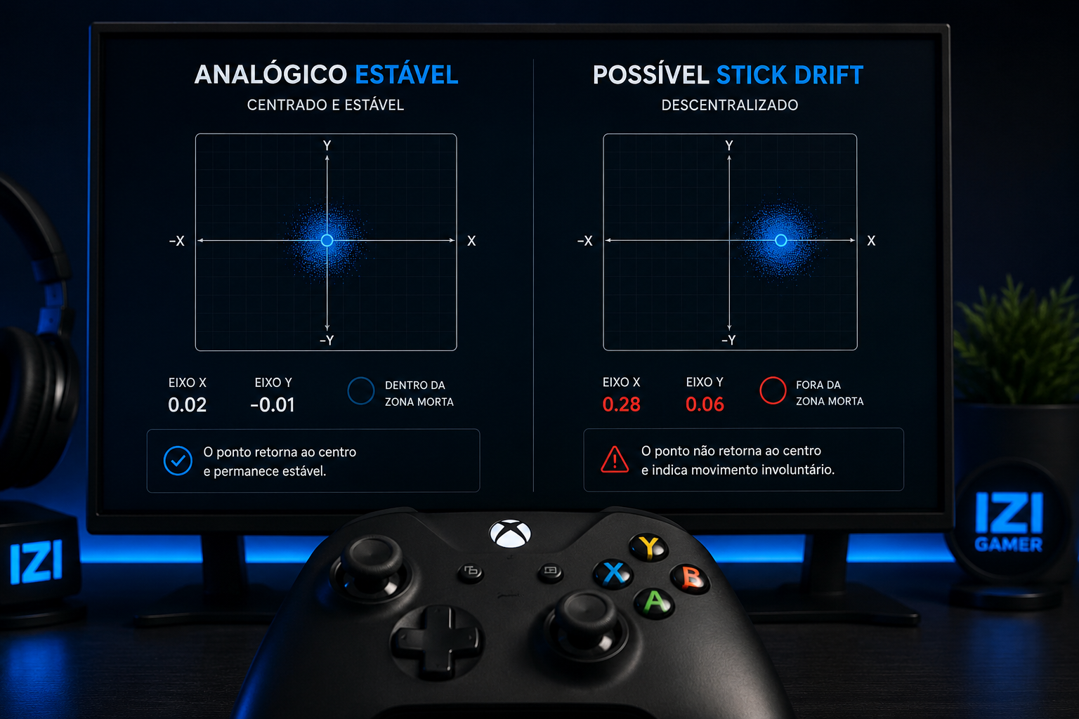 Como testar Stick Drift no controle: descubra se o analógico está com problema Teste de Stick Drift comparando um analógico estável com um analógico descentralizado