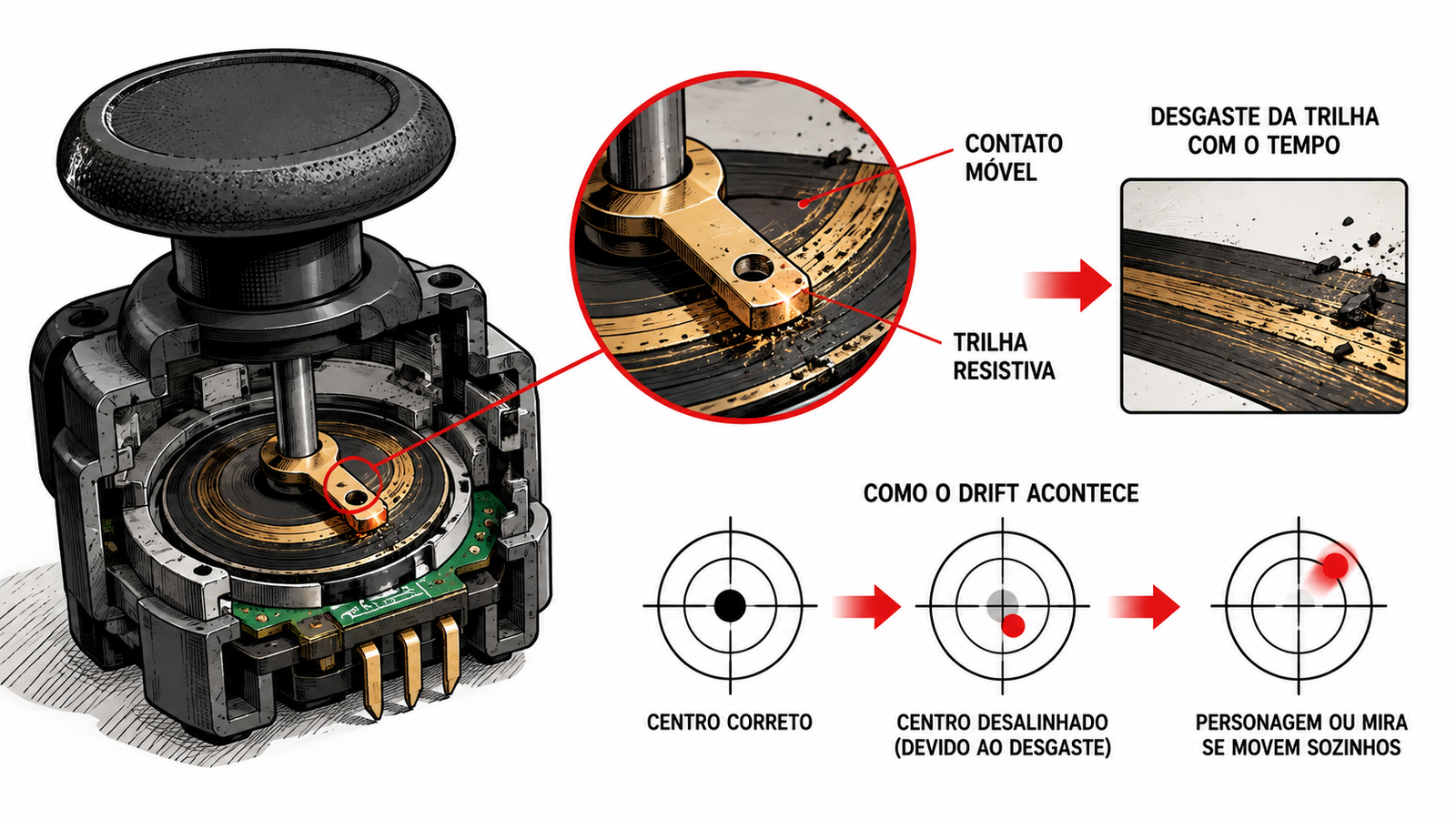 Como o potenciômetro de um controle pode sofrer desgaste e causar stick drift