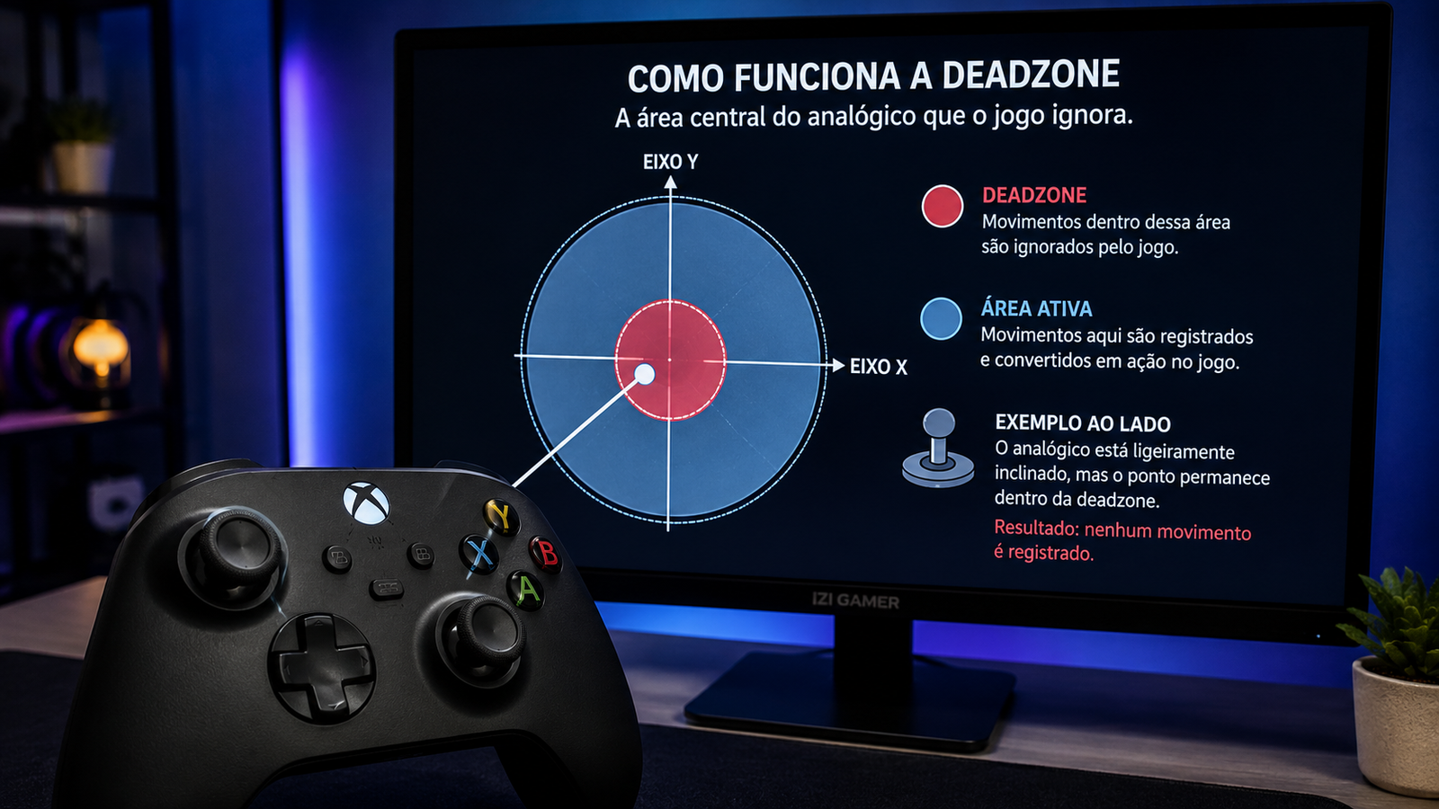 Infográfico realista mostrando como funciona a deadzone de um controle e a área central ignorada pelo jogo