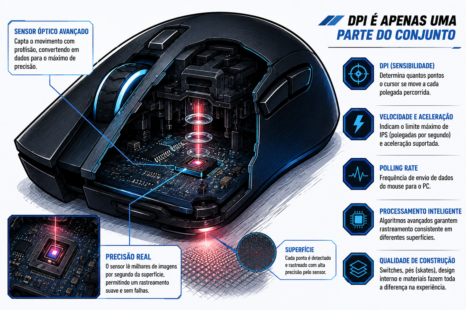 Componentes internos e sensor óptico de um mouse gamer