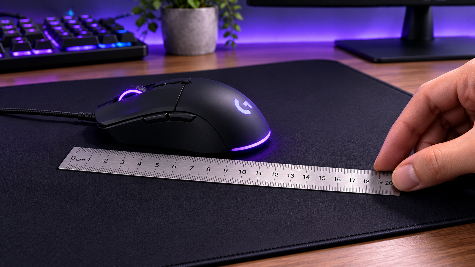 Mouse gamer ao lado de uma régua durante teste de DPI