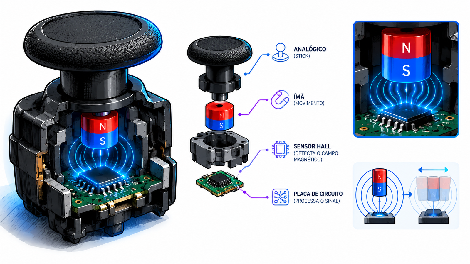 Funcionamento de um analógico Hall Effect com ímã e sensor magnético