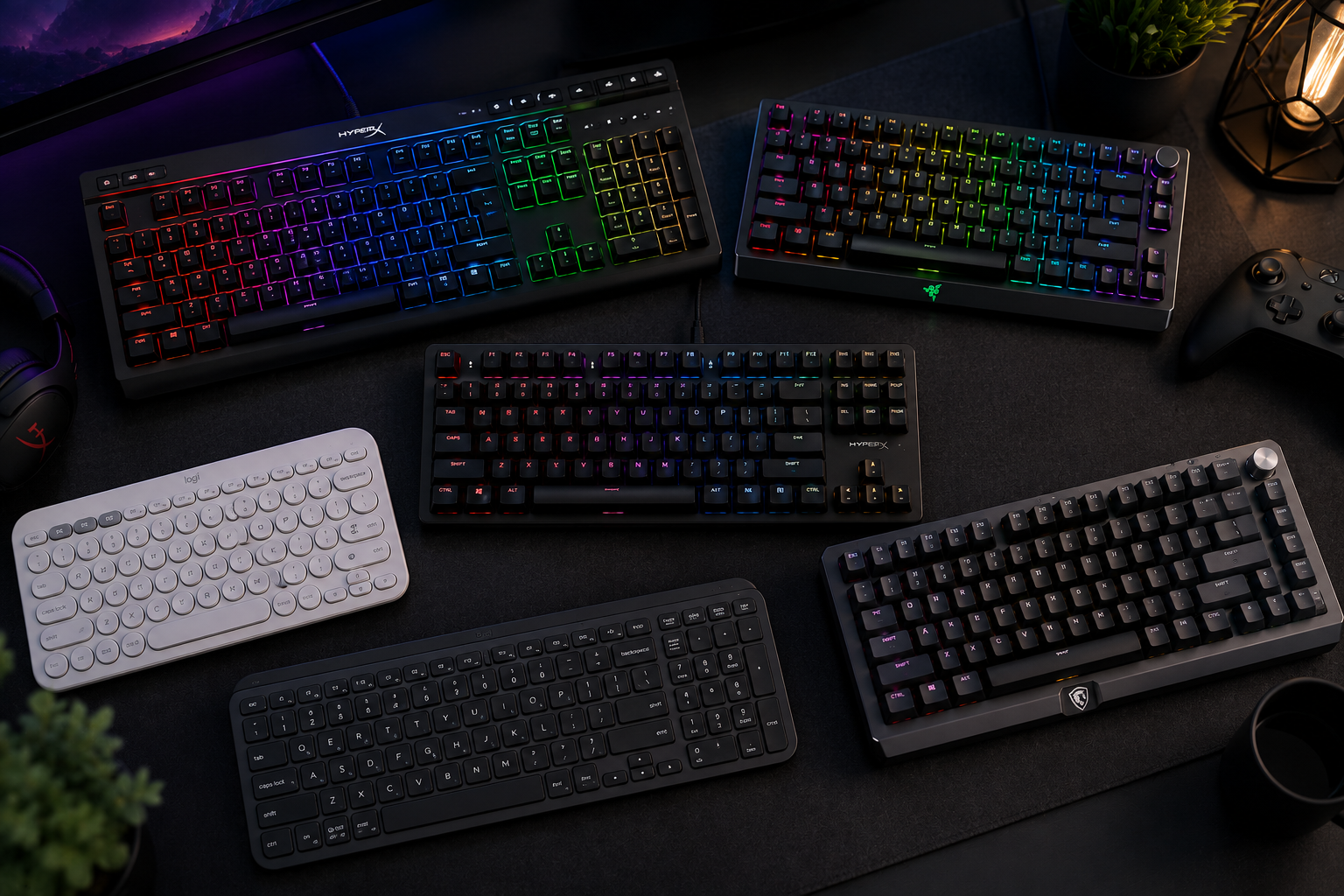 Setup com teclado silencioso destacando conforto e conectividade