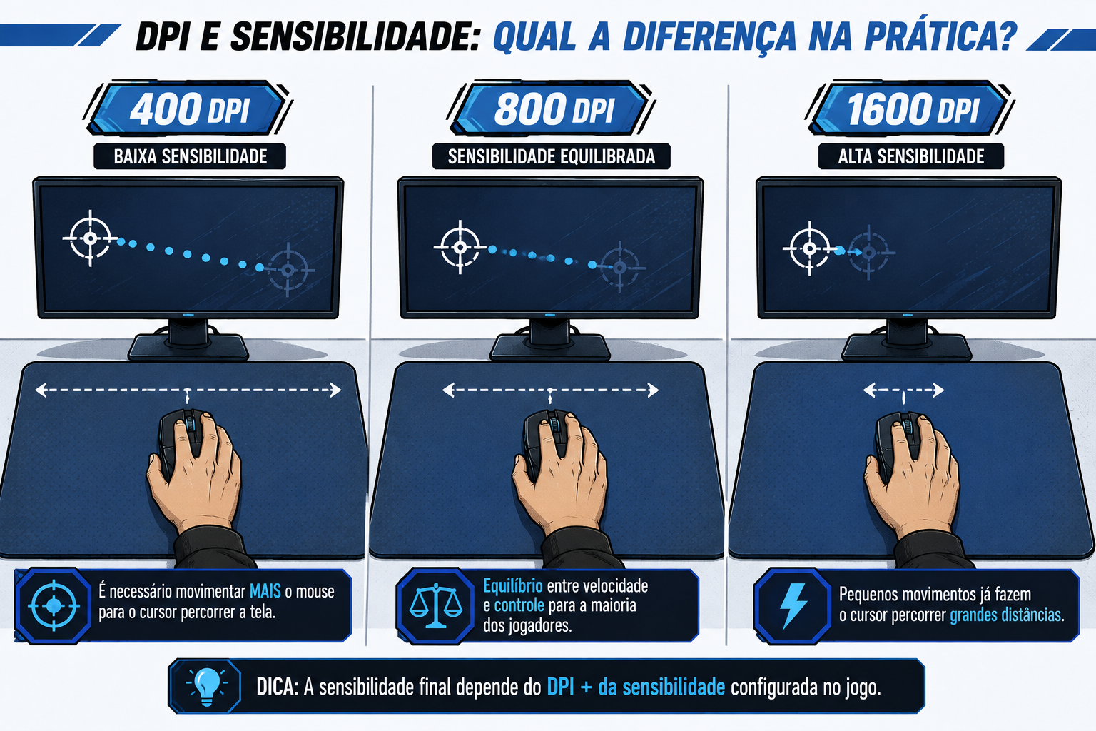 Comparação de 400 DPI, 800 DPI e 1600 DPI