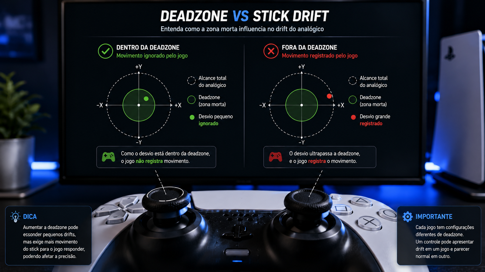 Comparação realista entre deadzone e stick drift em um controle