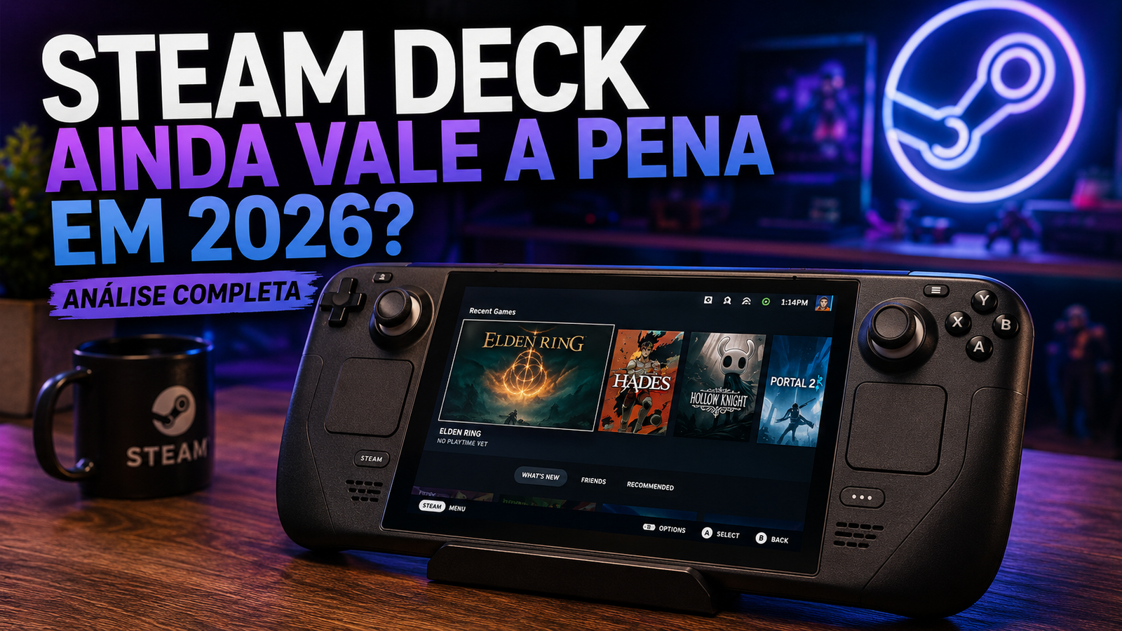 Steam Deck em destaque com interface de jogos, representando análise sobre se o portátil da Valve ainda vale a pena em 2026.
