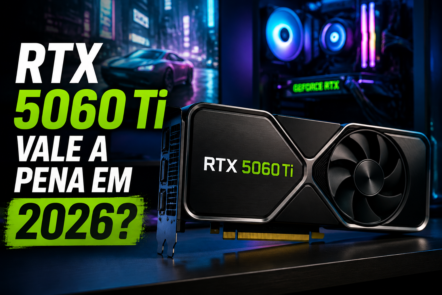 RTX 5060 Ti em destaque em setup gamer com iluminação RGB, representando análise completa sobre se a placa de vídeo vale a pena em 2026