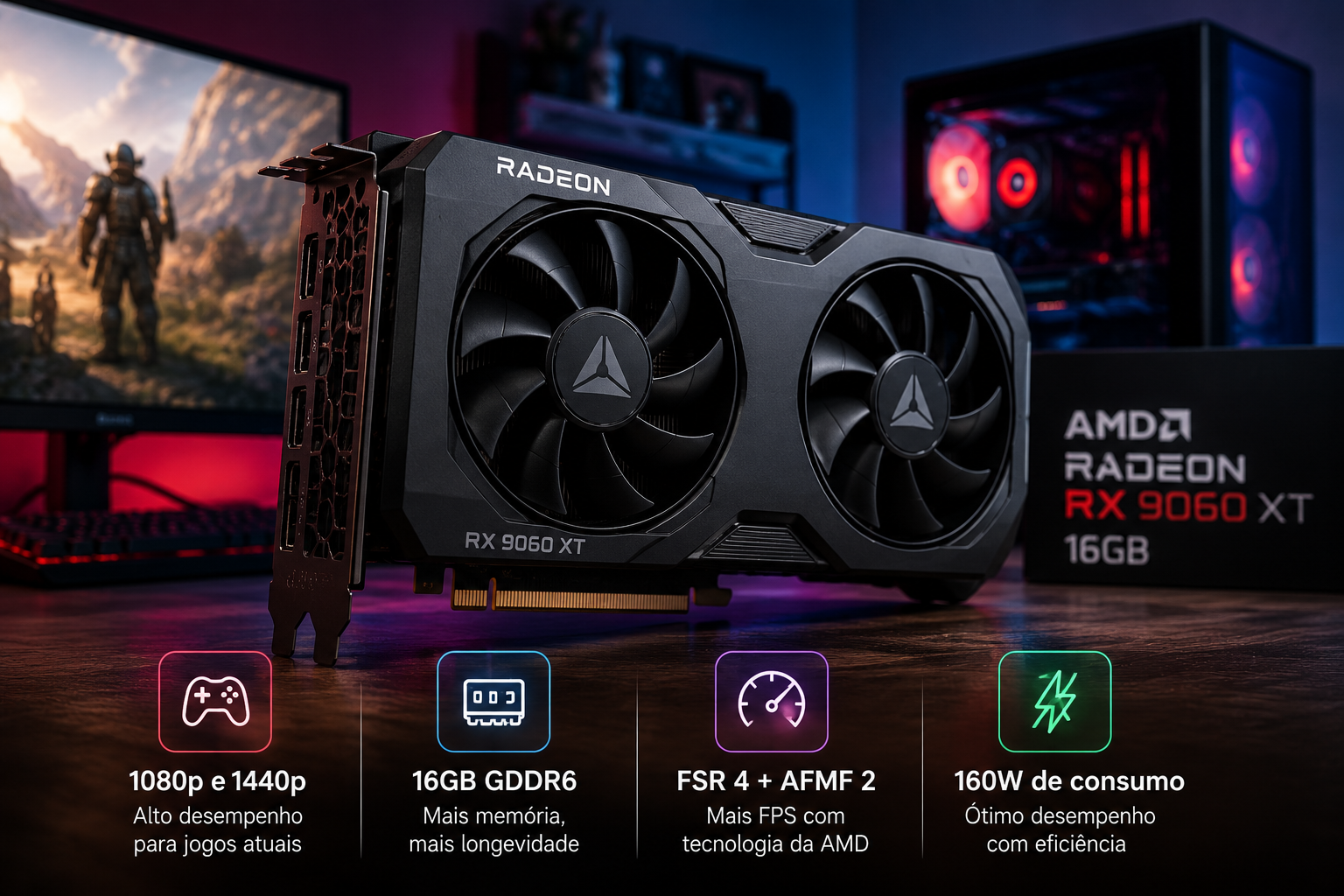 RX 9060 XT 16GB vale a pena em 2026? Análise completa antes de comprar RX 9060 XT 16GB em setup gamer com destaques para 1080p, 1440p, 16GB de VRAM e consumo de 160W