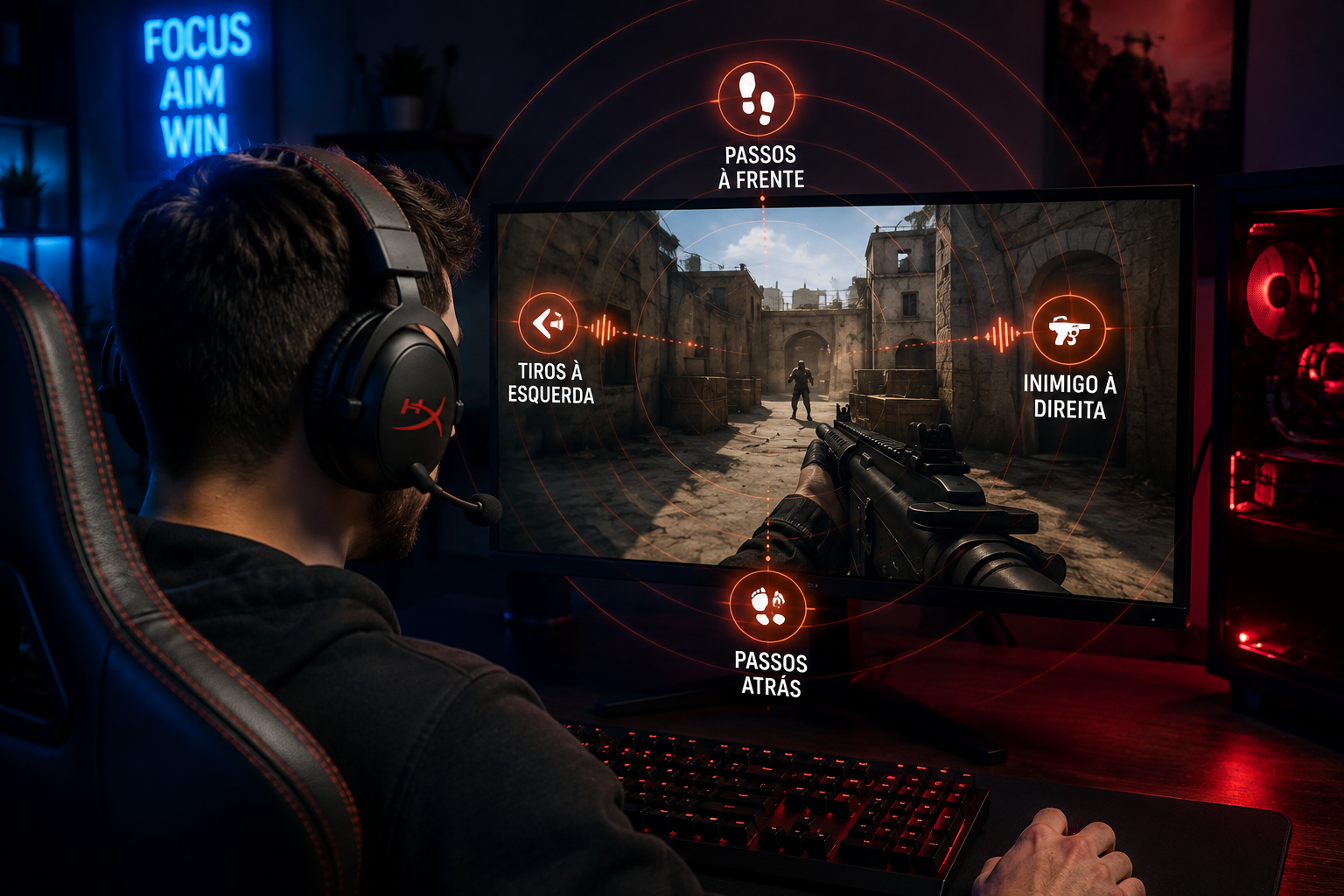 Headset gamer para FPS com representação de áudio direcional e passos dos inimigos