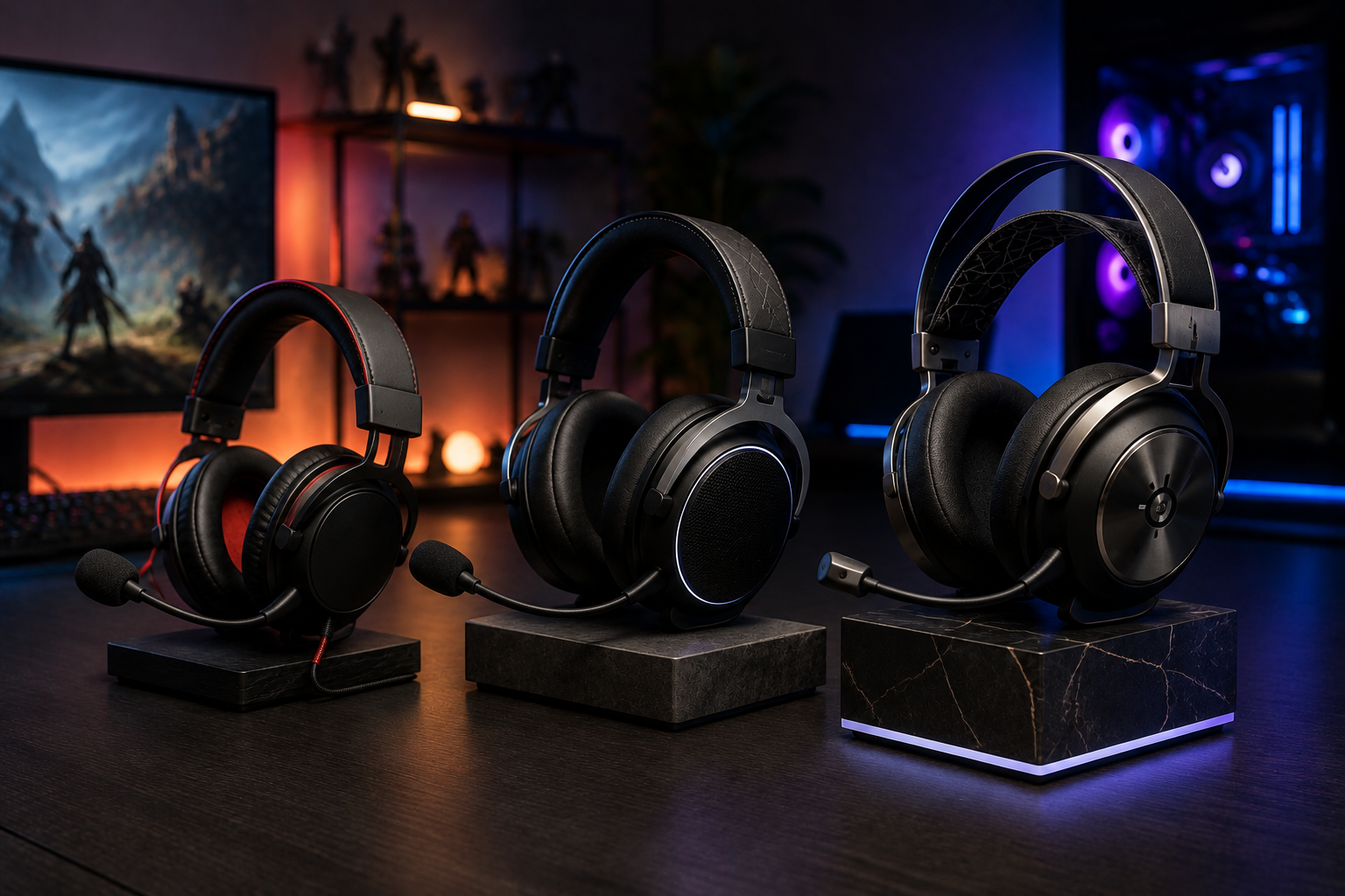 Headsets gamer de entrada, intermediário e premium em setup gamer