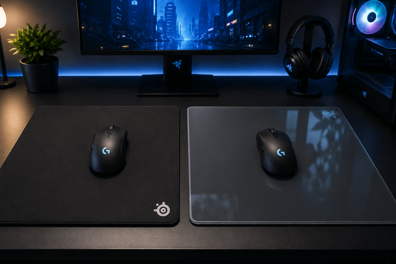 Mouse gamer deslizando rapidamente sobre mousepad de vidro