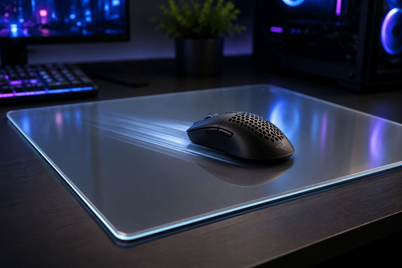 Limpeza de mousepad de vidro com pano de microfibra e skates de PTFE