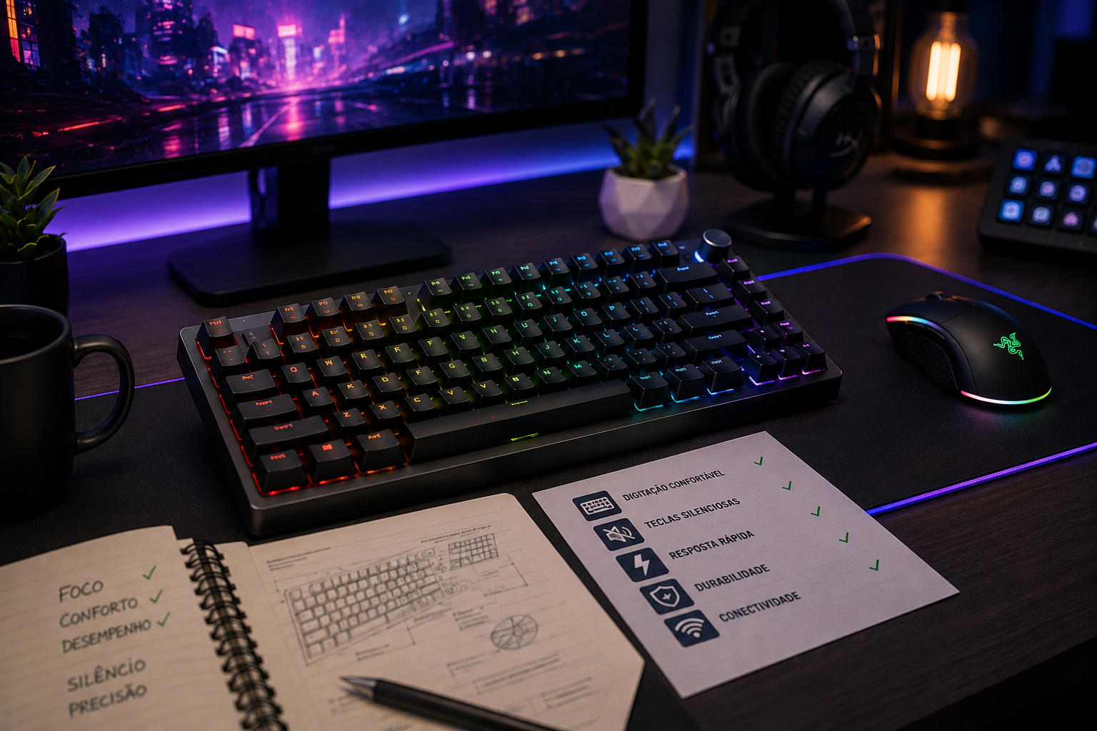 Diferentes teclados silenciosos gamer e para trabalho em setup premium