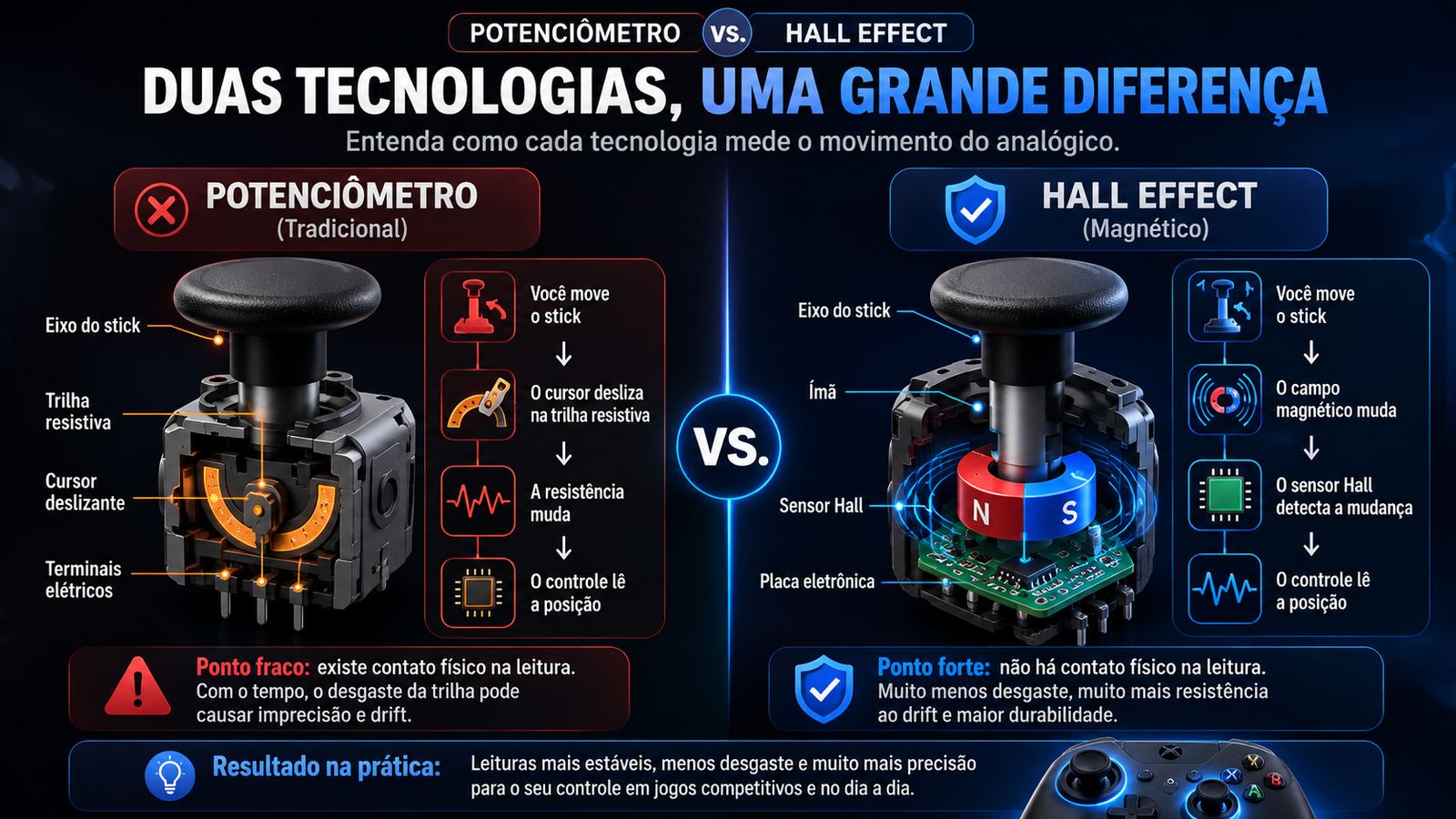 Infográfico mostrando como funciona um analógico Hall Effect