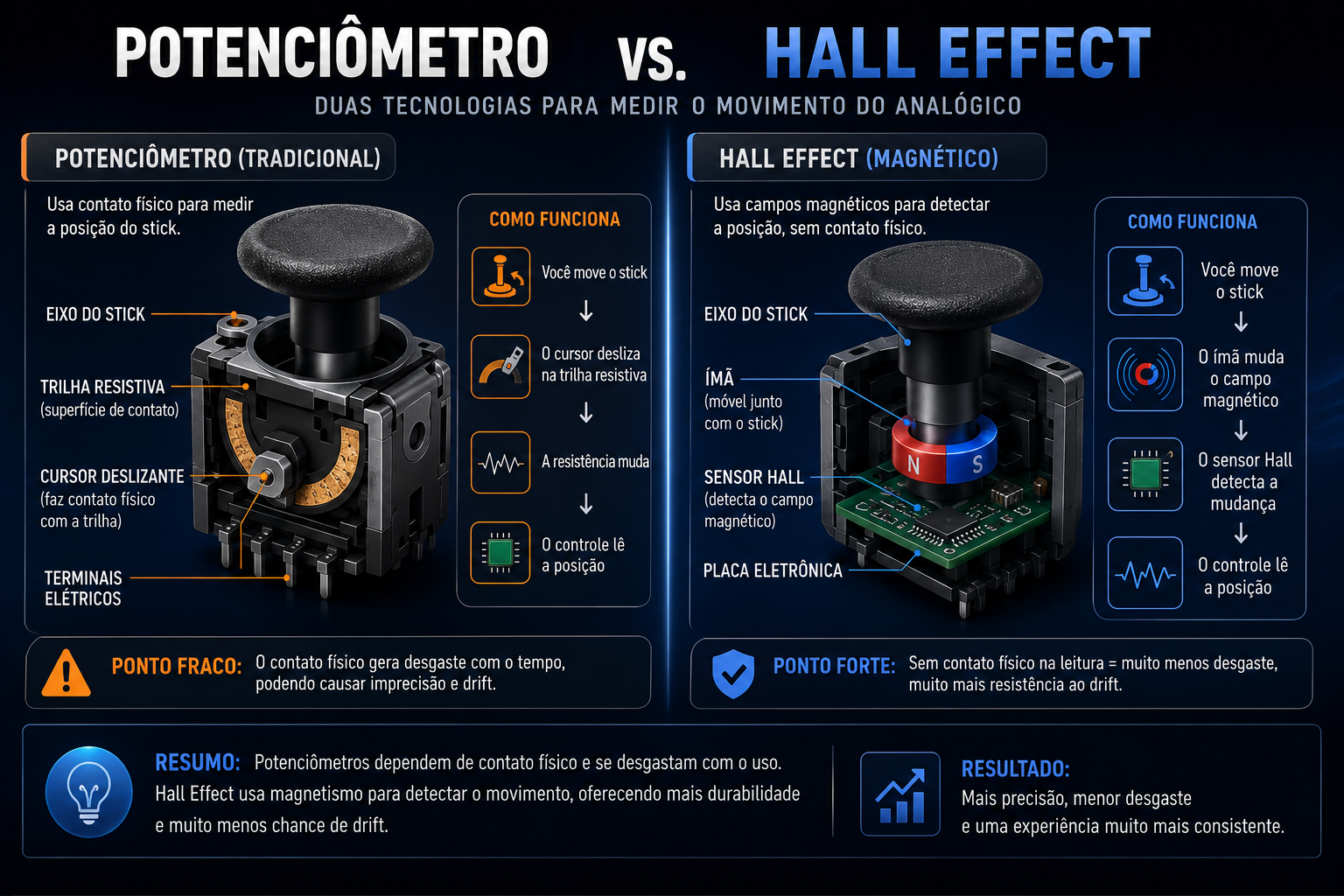 Comparação entre potenciômetro tradicional e analógico Hall Effect