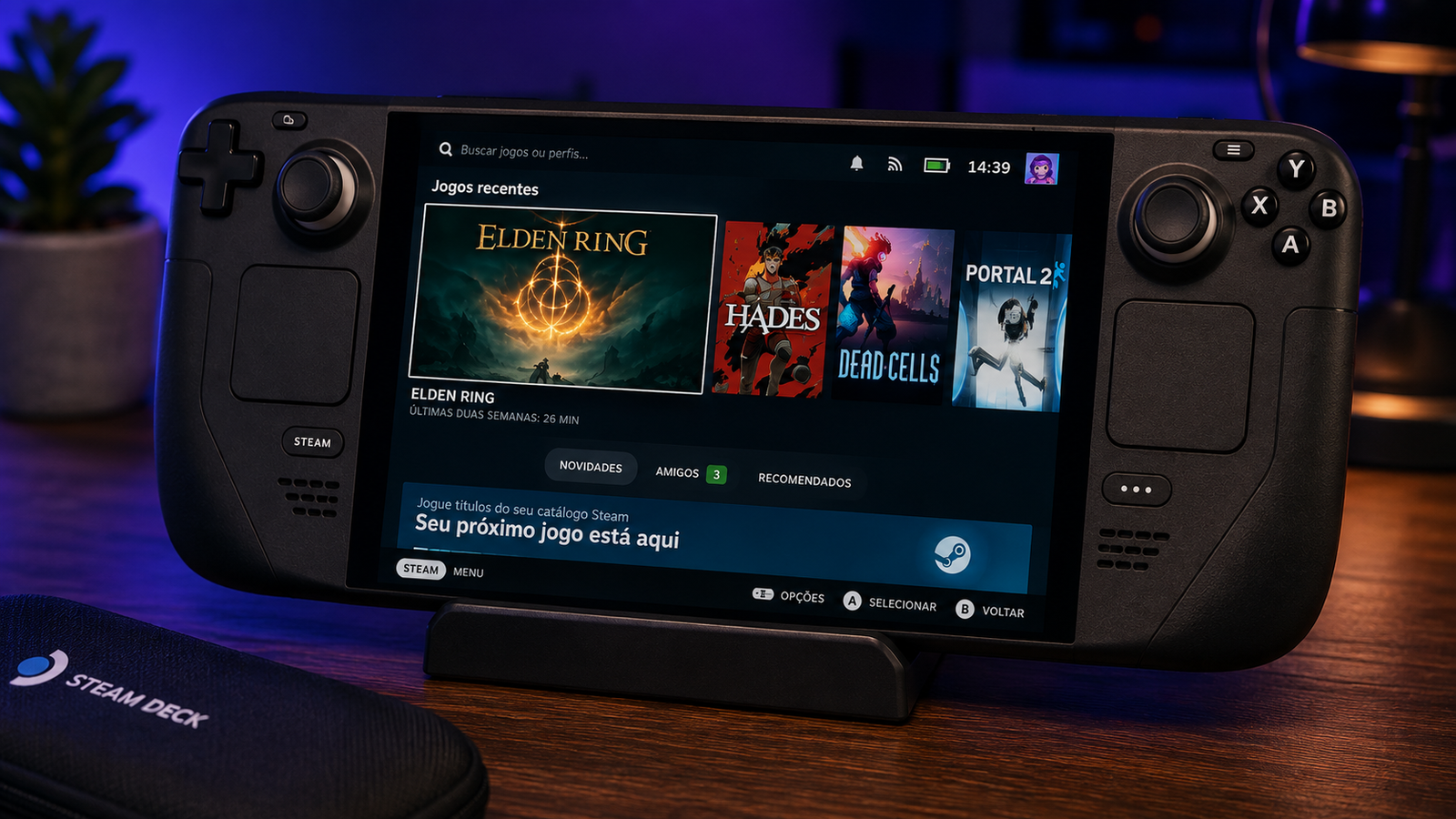 Steam Deck exibindo a interface do SteamOS e biblioteca de jogos