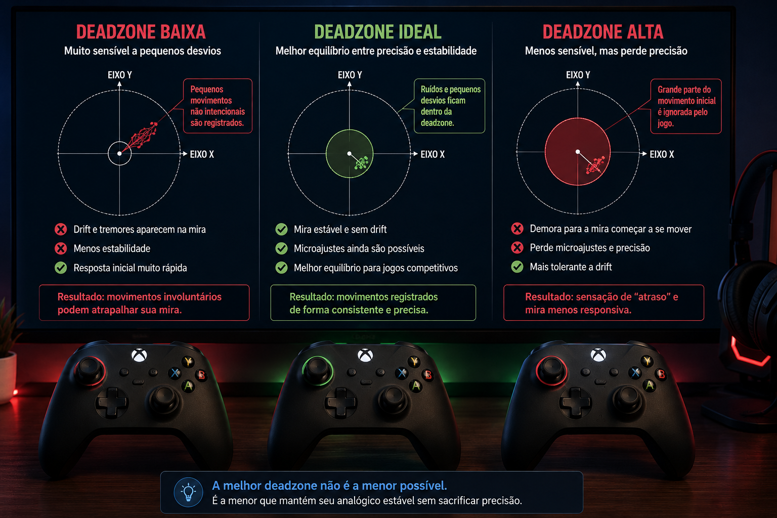 Comparação entre deadzone baixa, ideal e alta em controle gamer