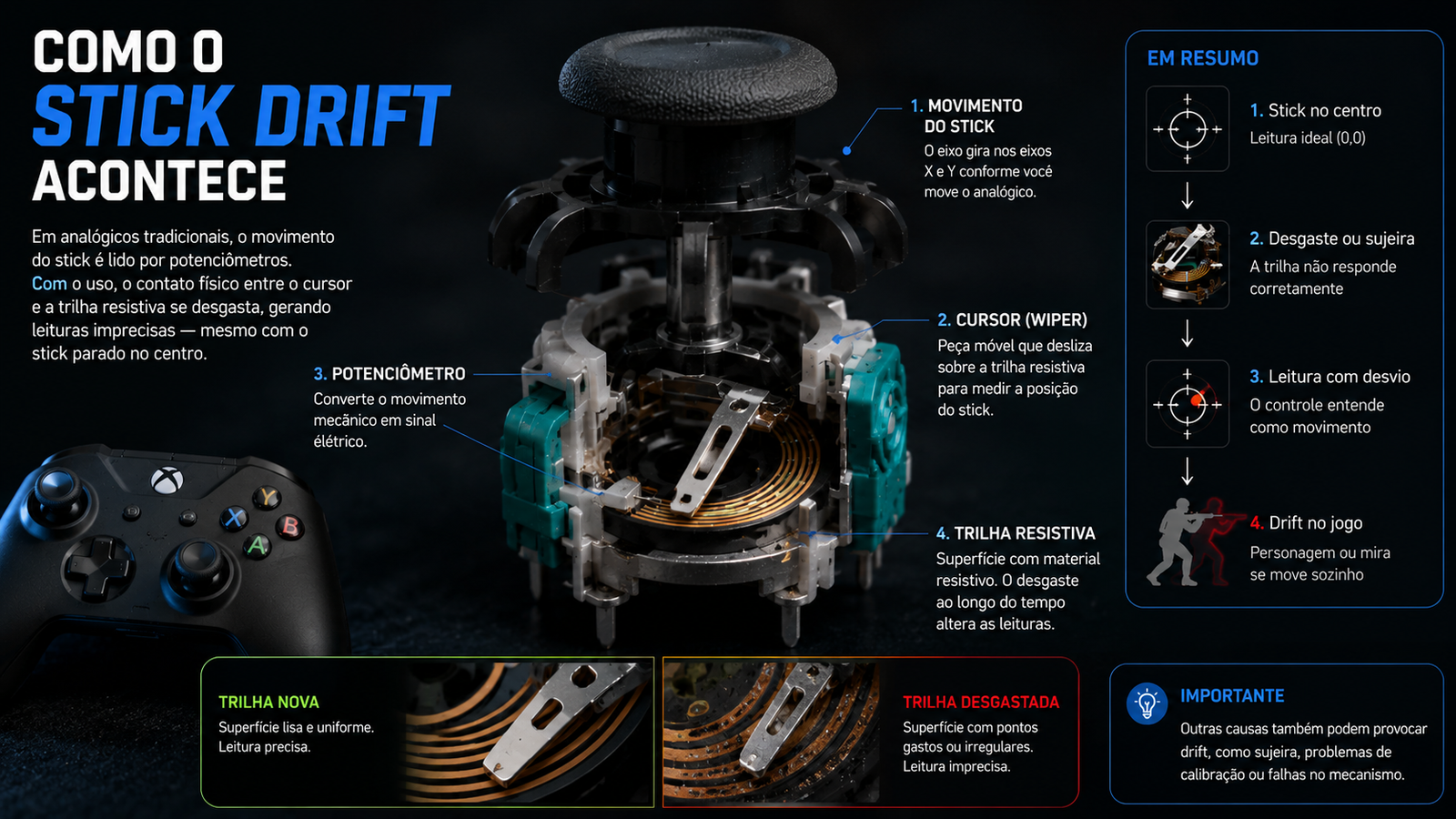 Infográfico realista mostrando como o stick drift acontece em um analógico com potenciômetro
