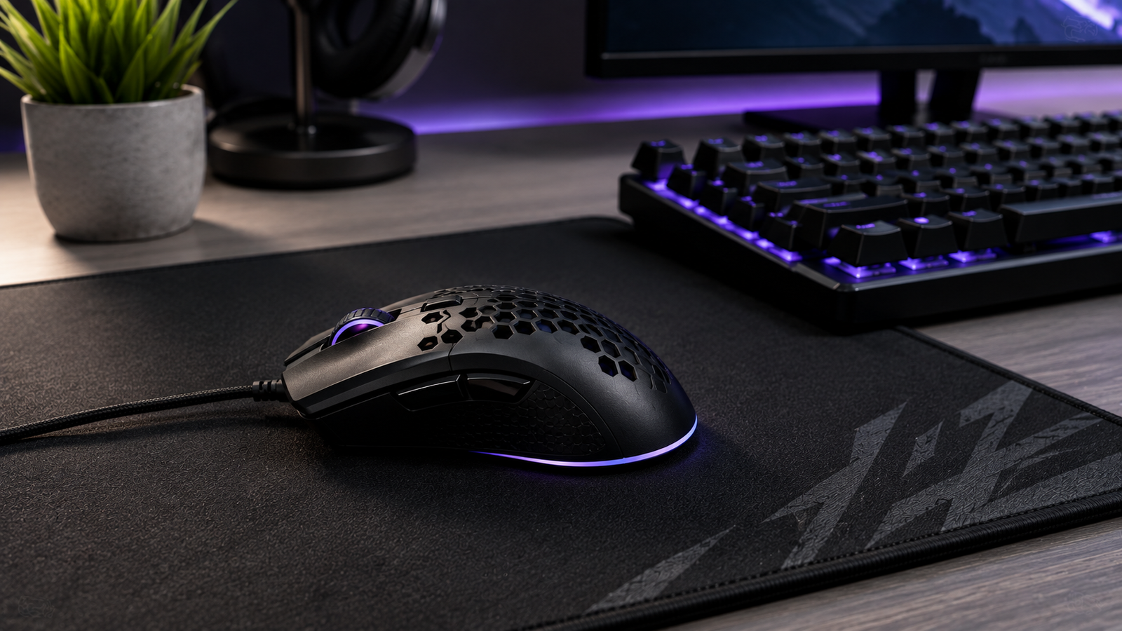 Mouse gamer sobre mousepad em setup de computador