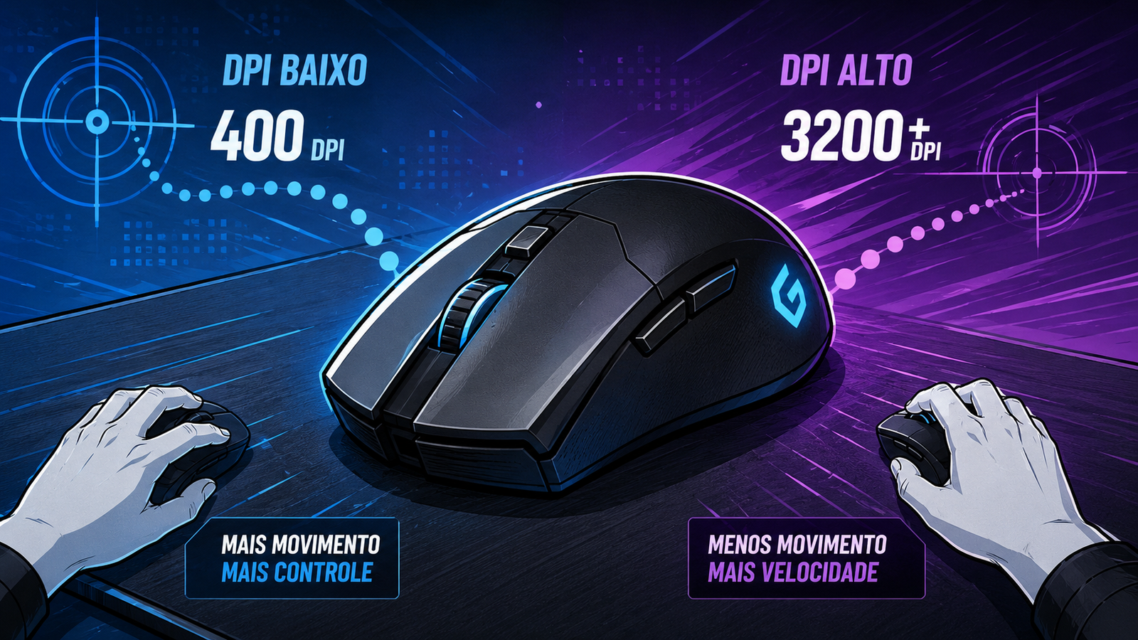 Comparação entre DPI baixo e DPI alto em mouse gamer