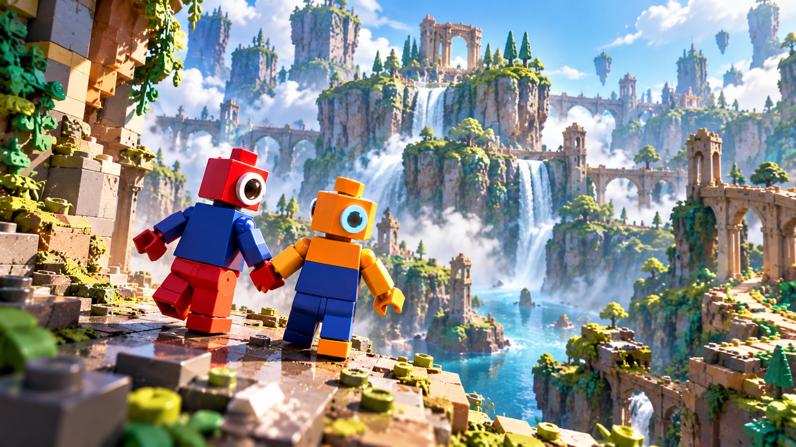Dois personagens LEGO explorando juntos um grande cenário de aventura