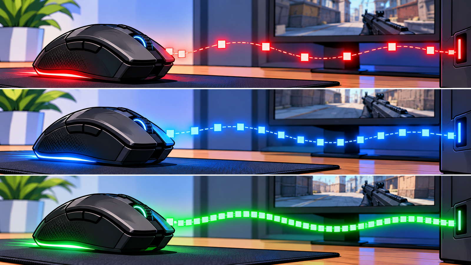 Ilustração comparando diferentes densidades de atualizações de polling rate em um mouse gamer