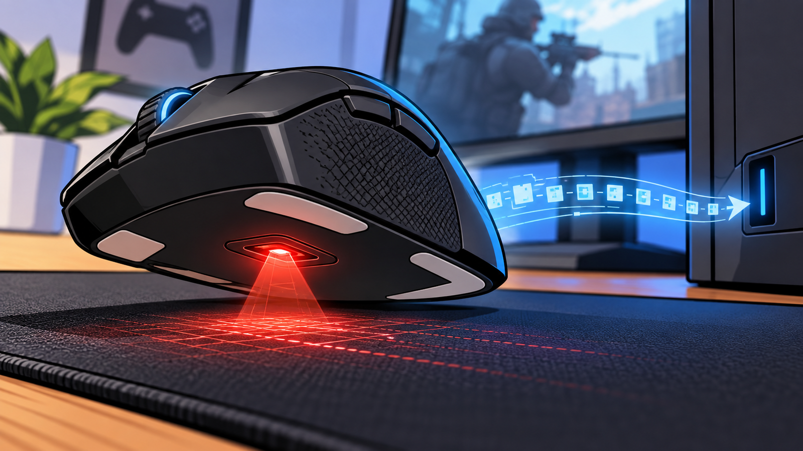 Ilustração mostrando o sensor de um mouse gamer enviando dados sincronizados ao computador