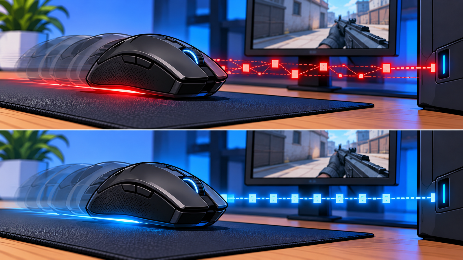 Comparação visual entre sinais irregulares e sinais sincronizados enviados por um mouse gamer