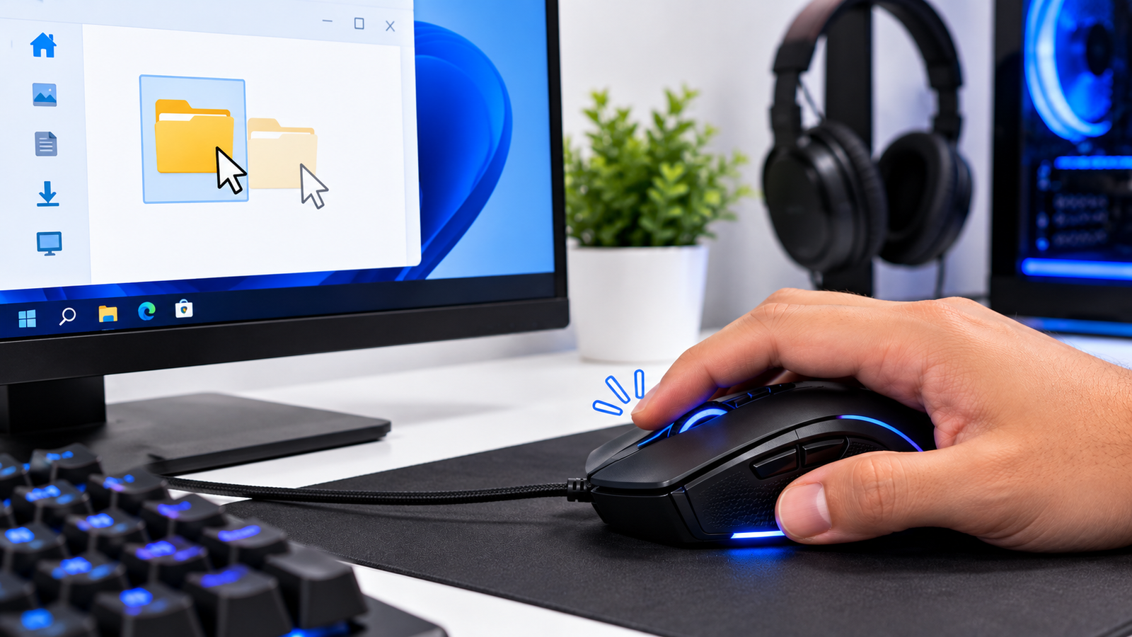 Mouse gamer sendo utilizado em computador durante verificação de funcionamento dos cliques