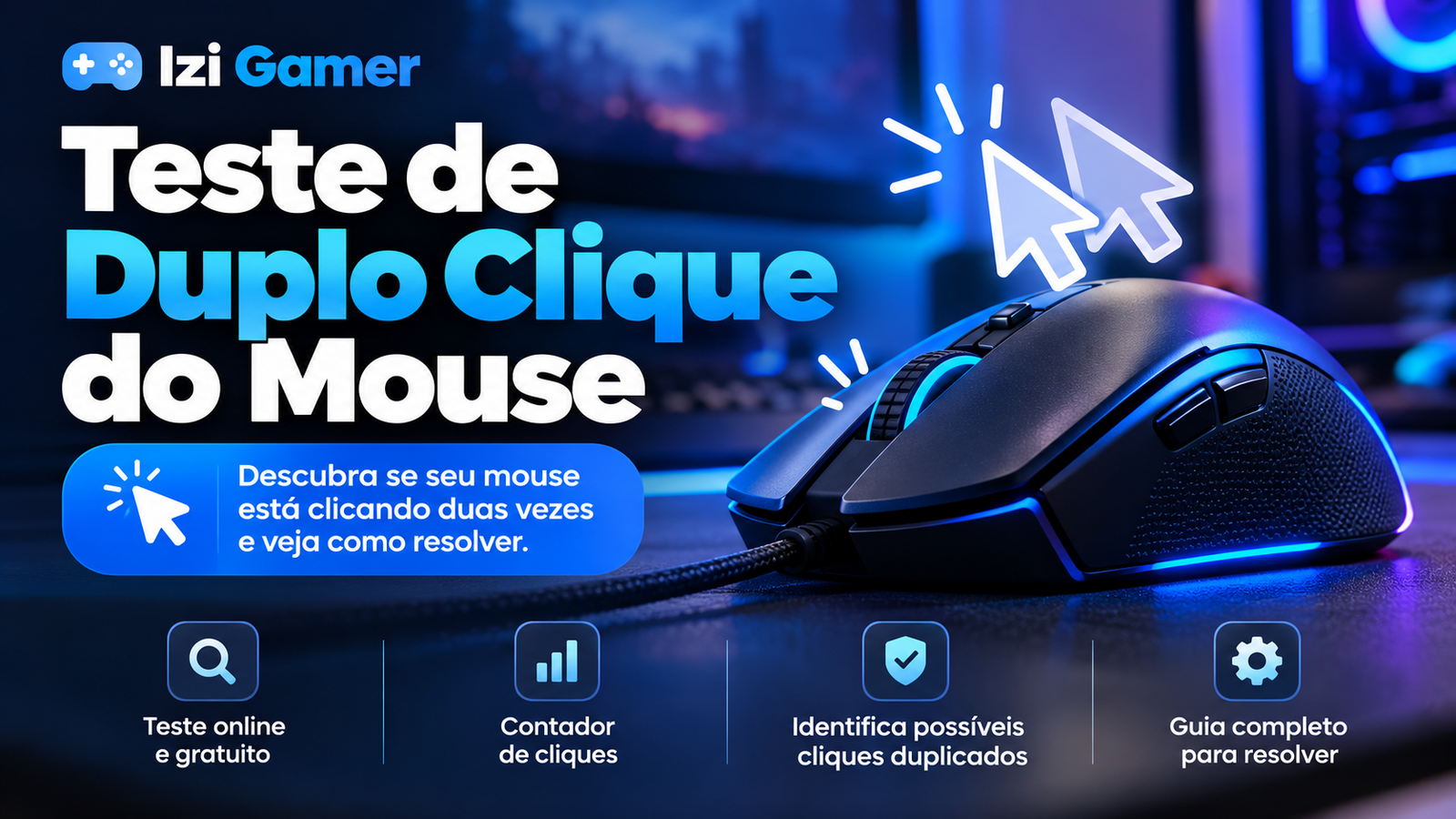Mão pressionando o botão esquerdo de um mouse gamer para verificar cliques involuntários