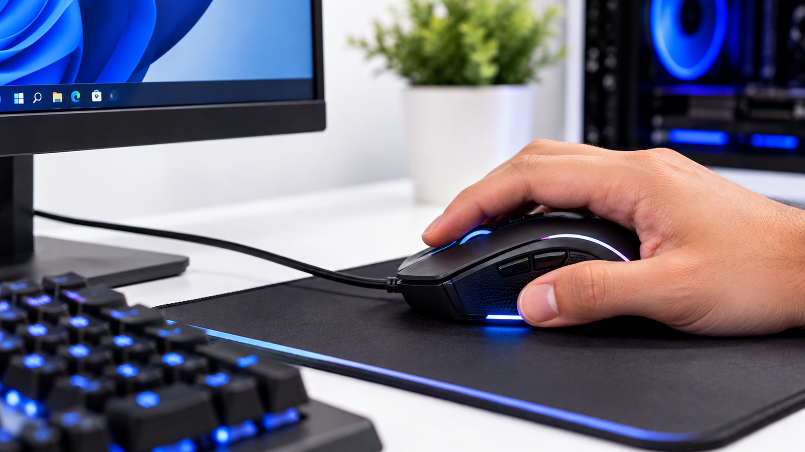 Detalhe de componentes internos e microswitch de um mouse gamer