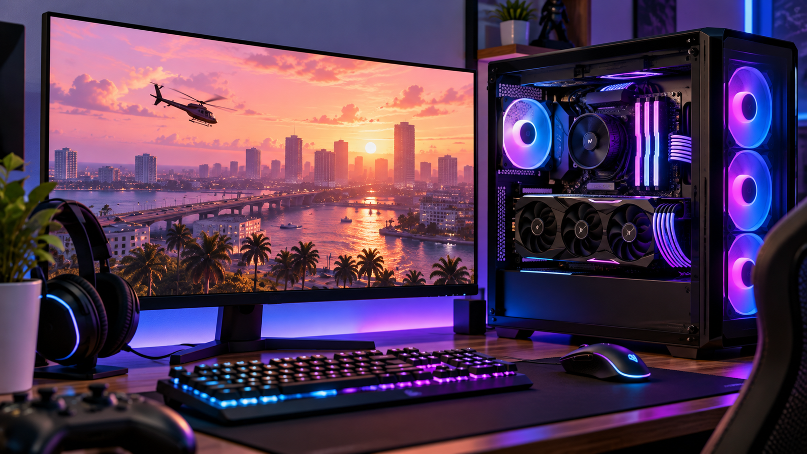 Requisitos GTA 6 PC: imagem ilustrativa de computador gamer com placa de vídeo e iluminação RGB